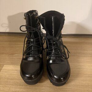 Black Patent Combat Boots with Gold Hardware – Size 6